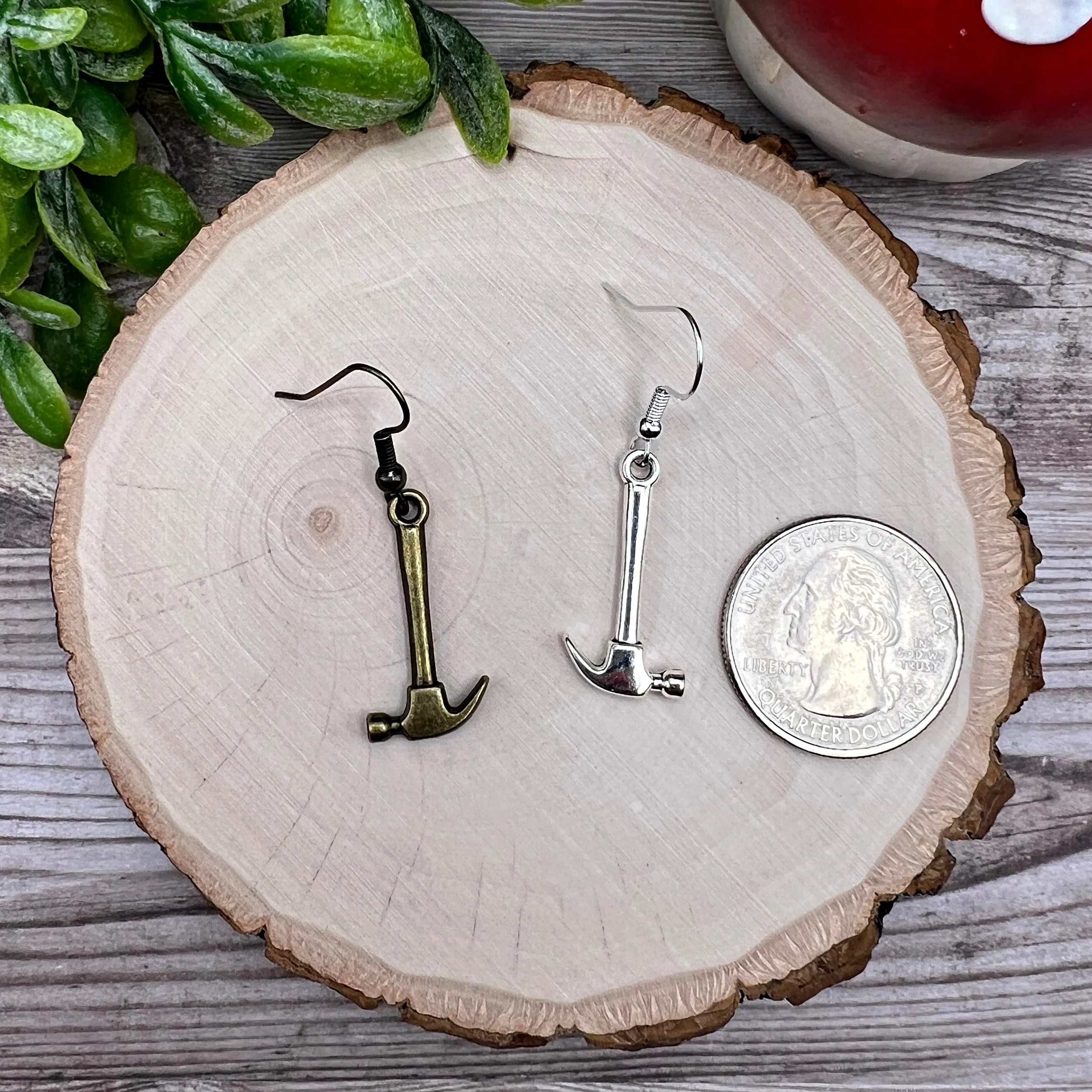 Tiny Hammer  Earrings - Quirky Silvertone or Antique Bronze Hypoallergenic Gift for DIY and Construction Enthusiasts