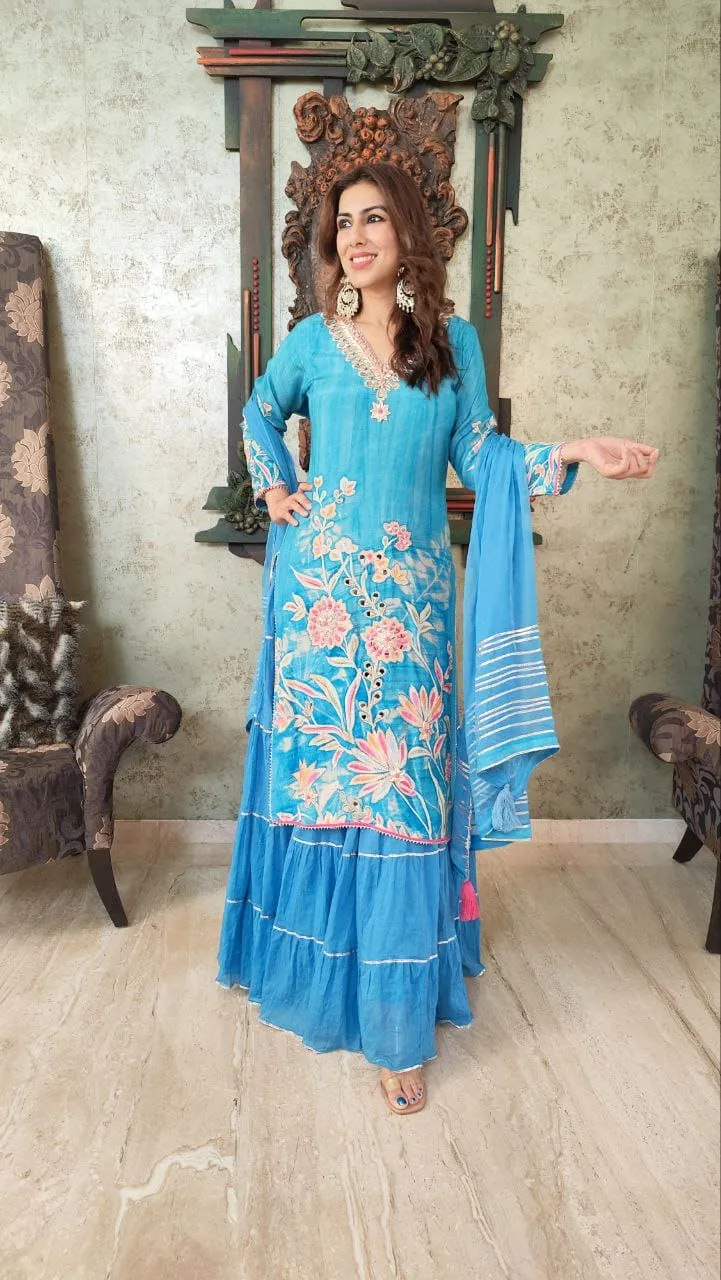 Two Piece Blue Skirt Sharara Set