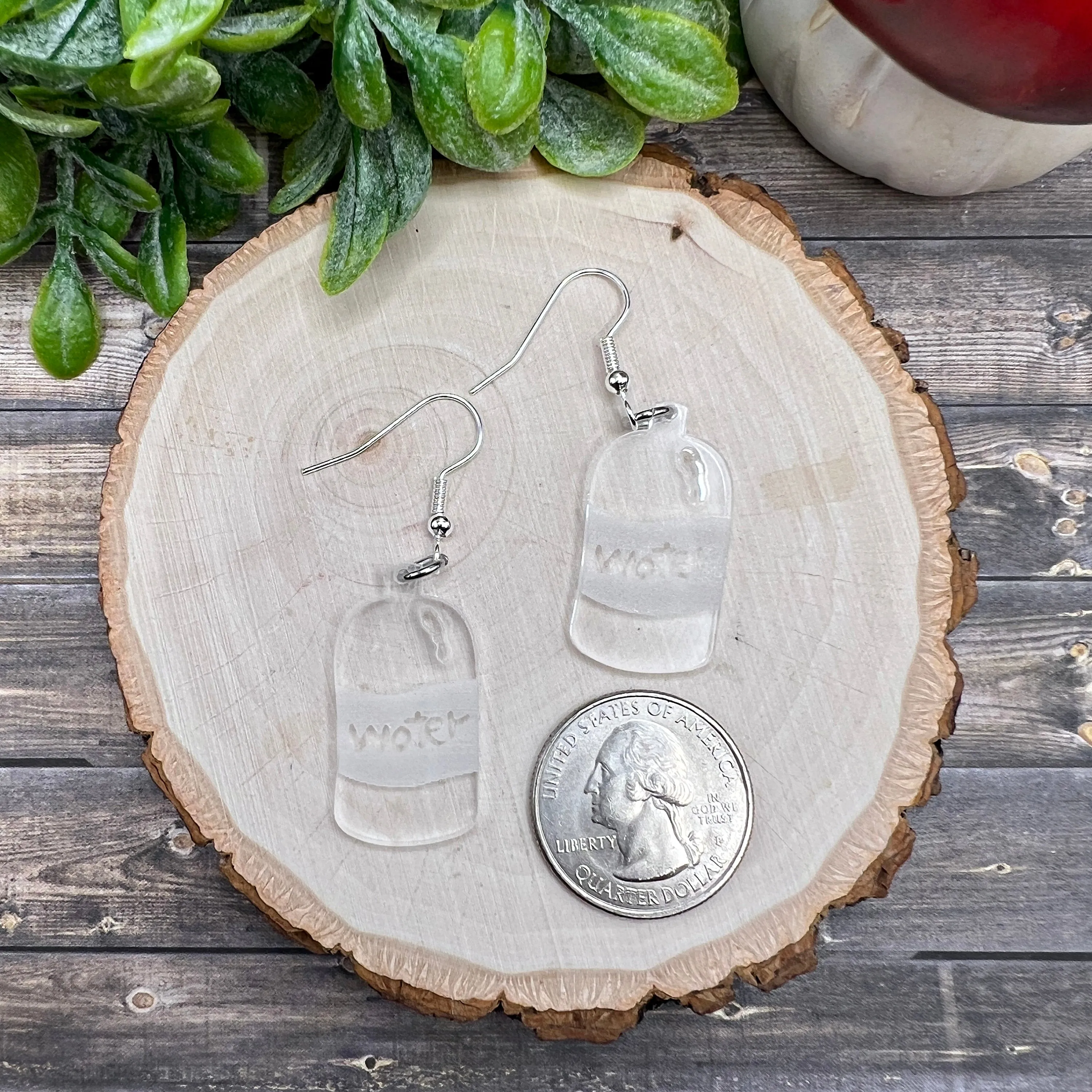 Water Bottle Jug Hydrate or Diedrate Laser Cut Acrylic Silver/Silver-tone  Earrings, Hypoallergenic Gift