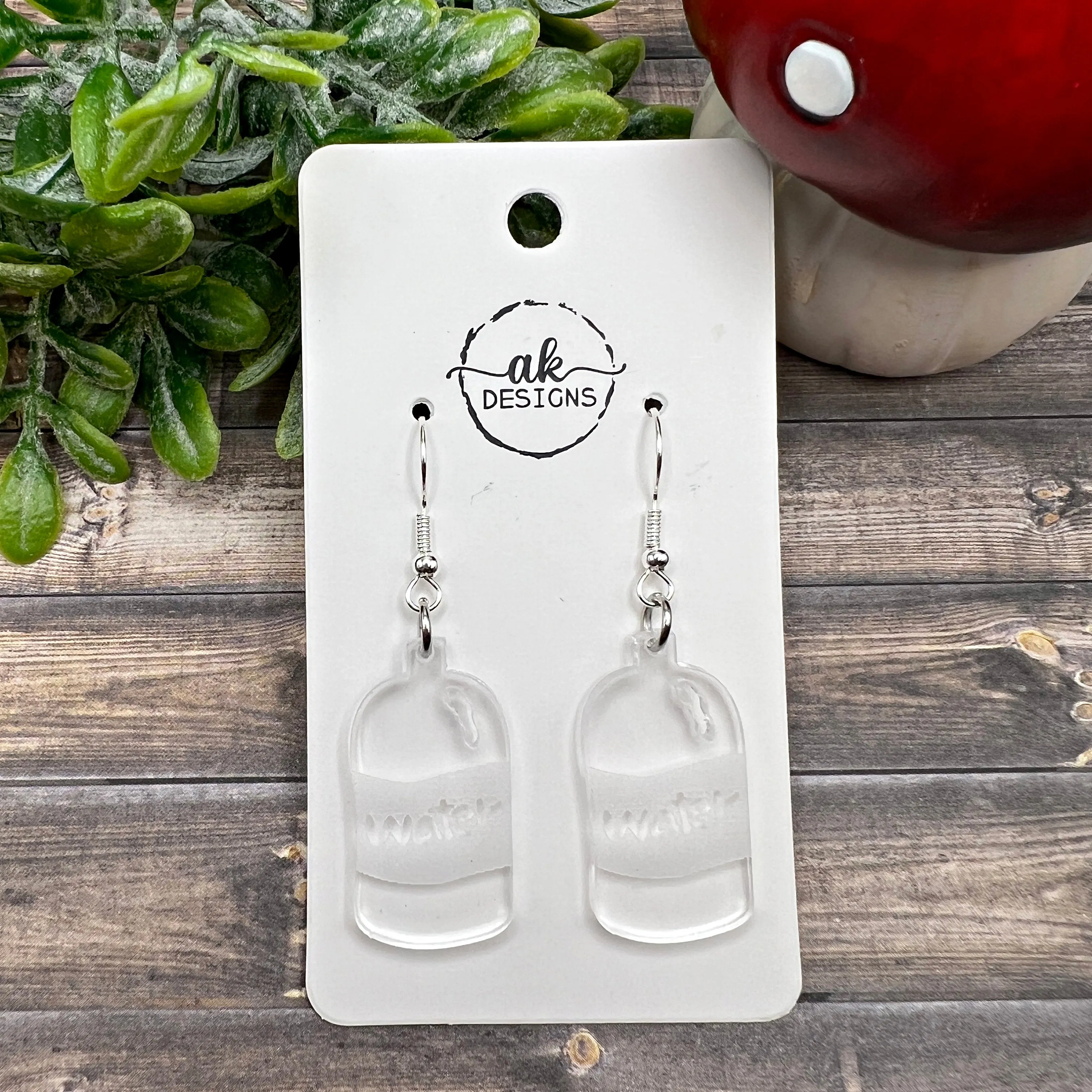 Water Bottle Jug Hydrate or Diedrate Laser Cut Acrylic Silver/Silver-tone  Earrings, Hypoallergenic Gift