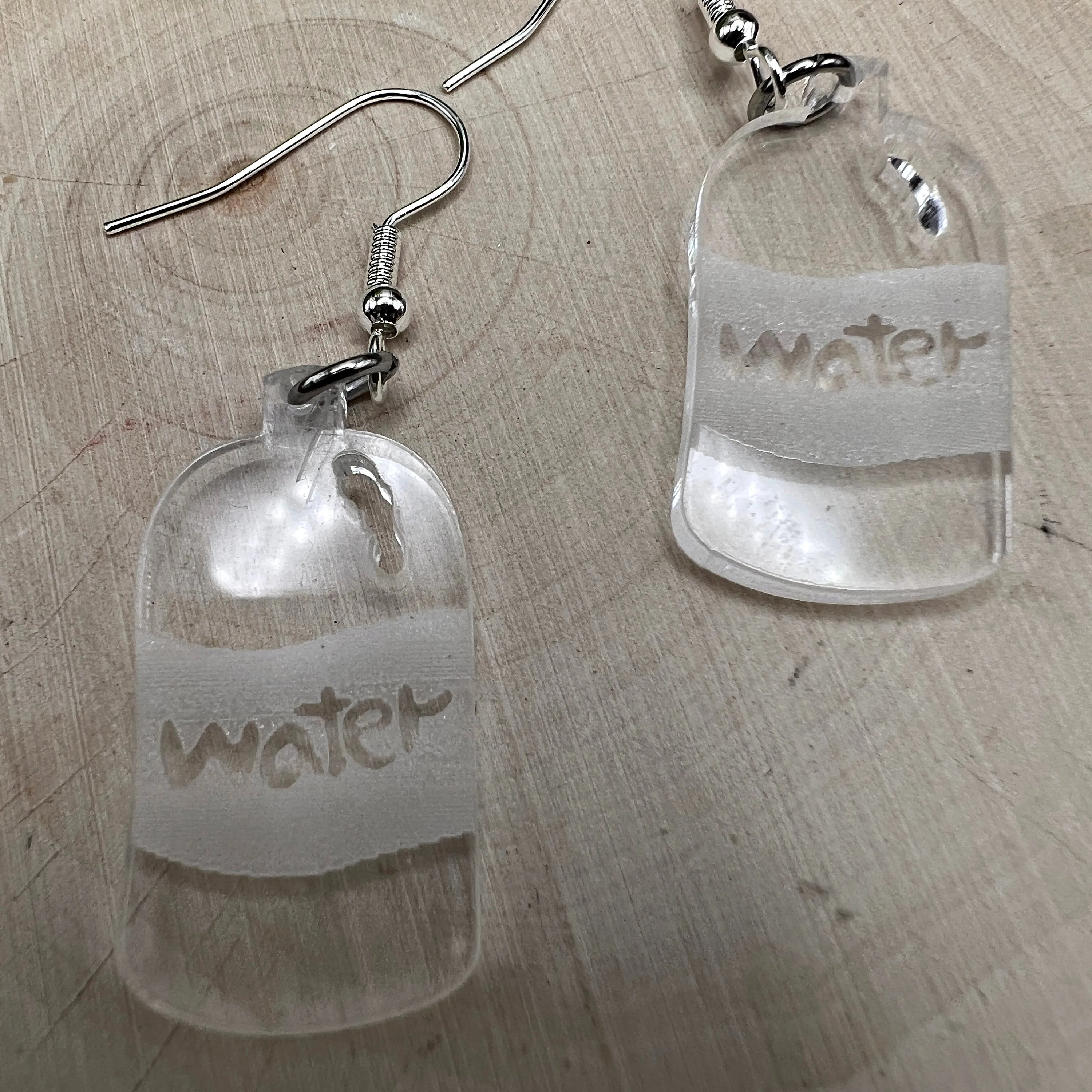 Water Bottle Jug Hydrate or Diedrate Laser Cut Acrylic Silver/Silver-tone  Earrings, Hypoallergenic Gift