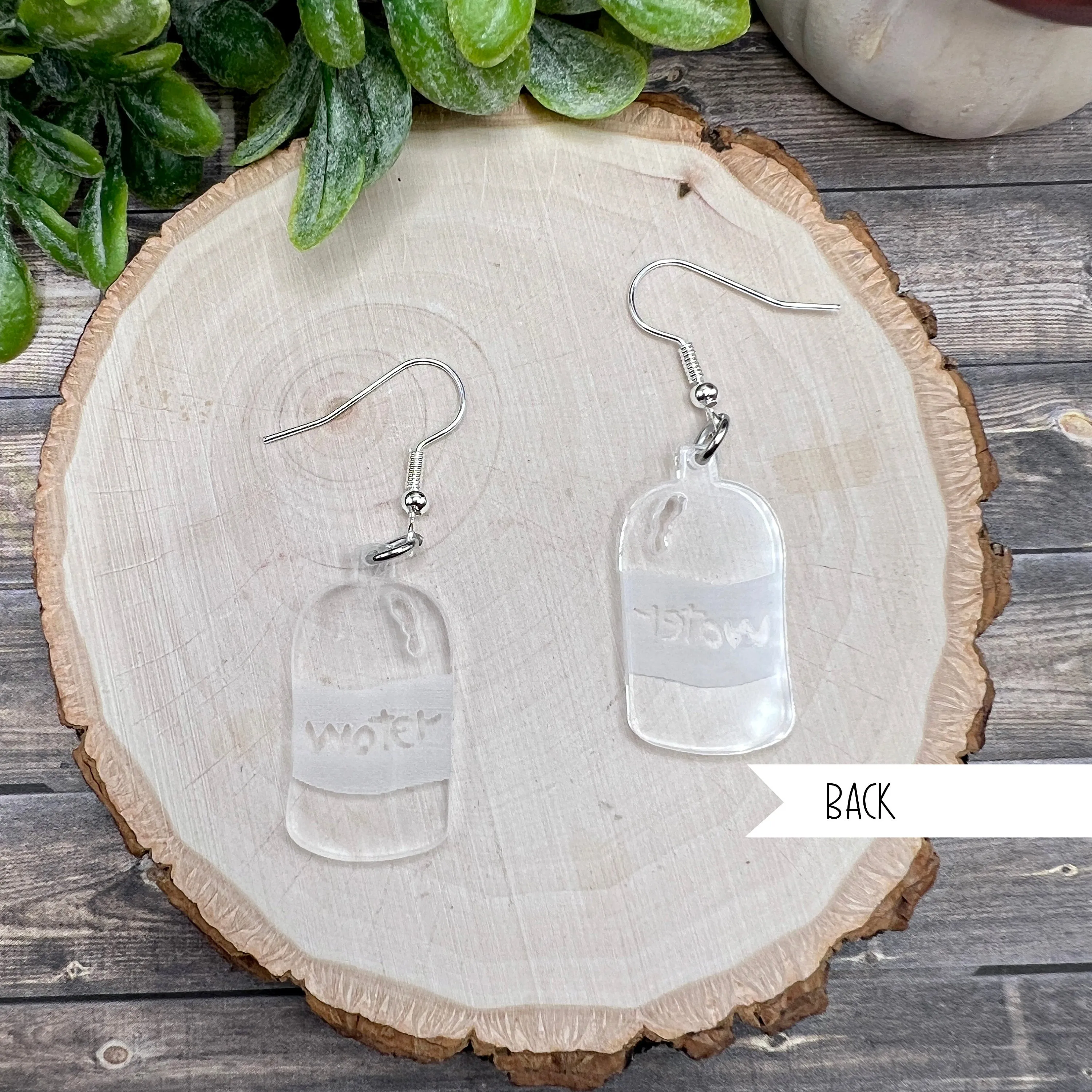 Water Bottle Jug Hydrate or Diedrate Laser Cut Acrylic Silver/Silver-tone  Earrings, Hypoallergenic Gift