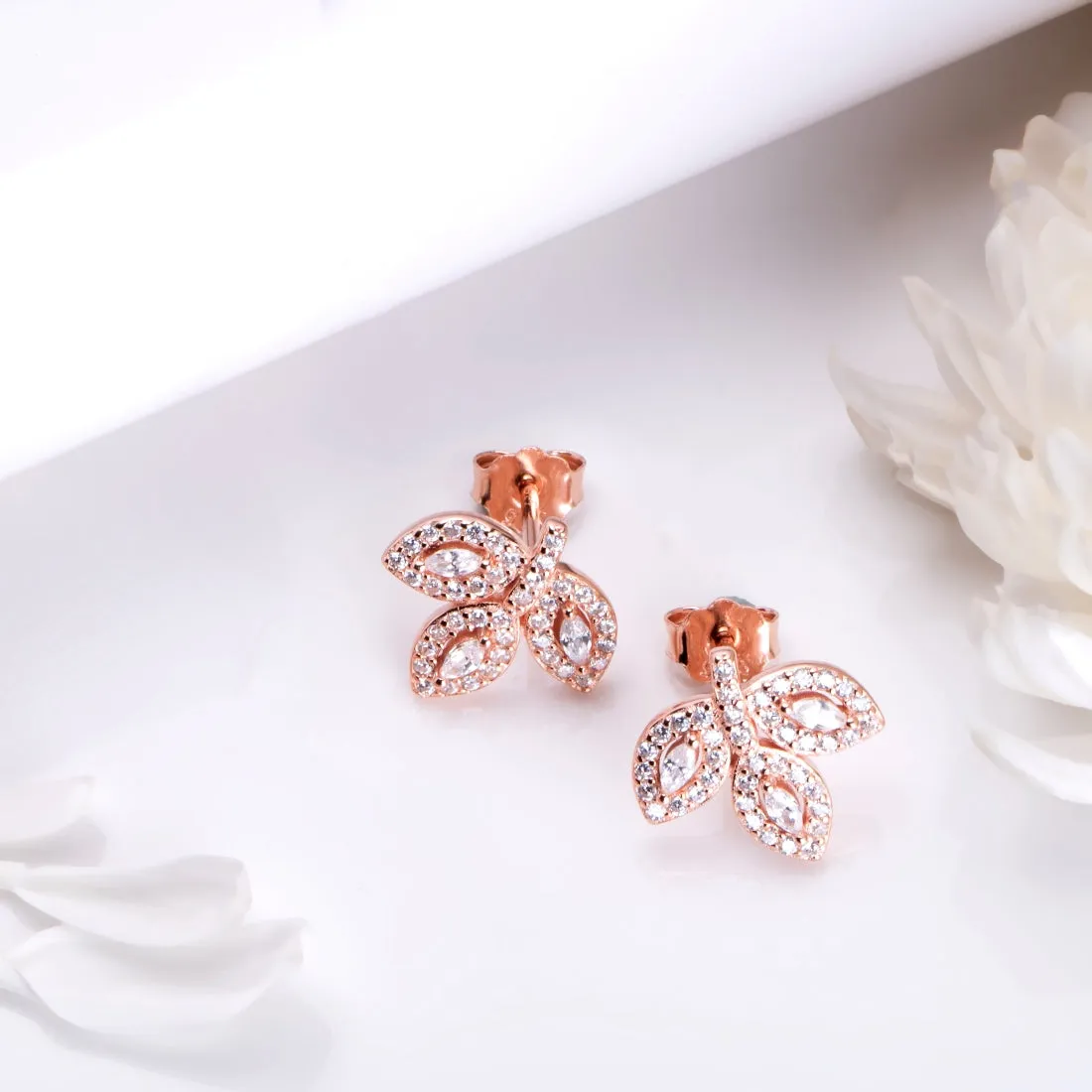 Whimsical Whispers 925 Sterling Silver Rose Gold-Plated Leaf Earrings